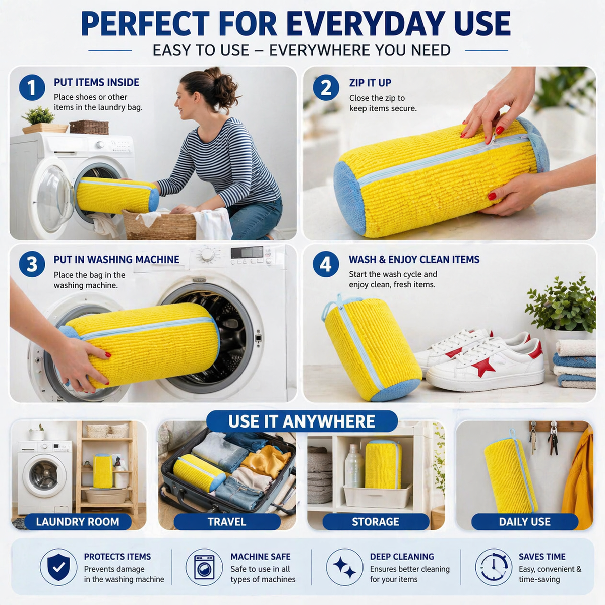 Portable reusable shoe washing bag
