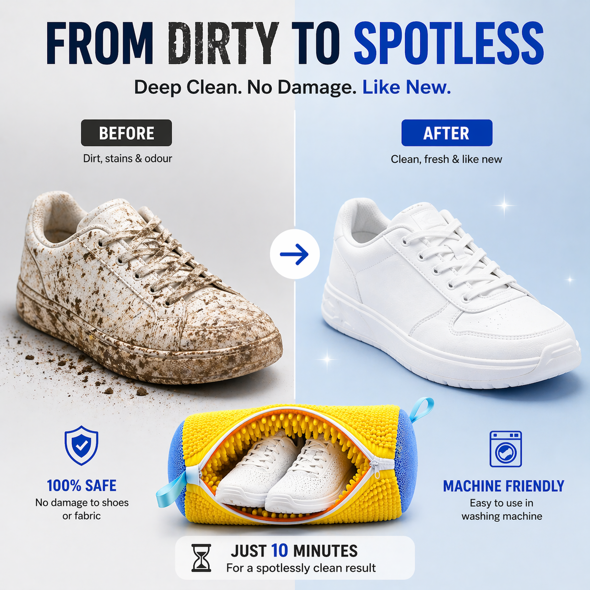 Shoe washing bag before and after